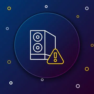 Line Case of computer with exclamation mark icon isolated on blue backgroun.. 库存插图