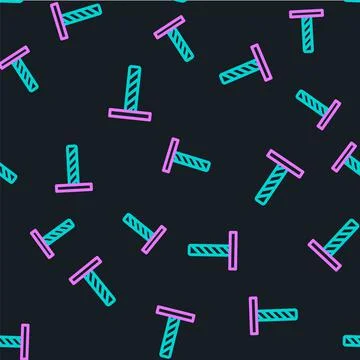 Line Cat scratching post with toy icon isolated seamless pattern on black Stock Illustration