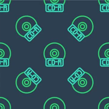 Line CD or DVD disk icon isolated seamless pattern on blue background. Compact Illustrazione stock