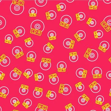 Line CD or DVD disk icon isolated seamless pattern on red background. Compact Stock Illustration