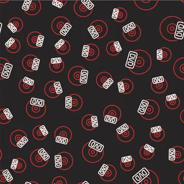 Line CD or DVD disk icon isolated seamless pattern on black background. Compact 스톡 일러스트
