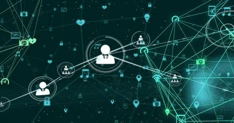Line from center avatar starting tech network, avatar linking nodes and adding Stock Illustration