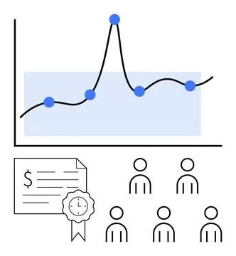 Line chart with data points, a certification with a clock ribbon, and six peo Stock Illustration