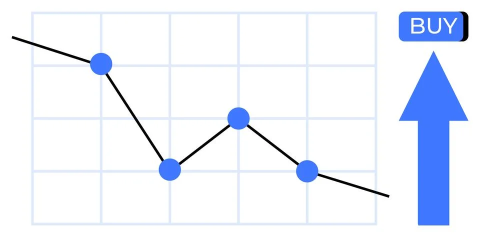 Line chart with a declining trend highlighted by four blue data points. Large Stock Illustration