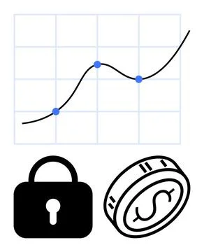 Line chart with three data points indicating growth, black security lock, and Stock Illustration