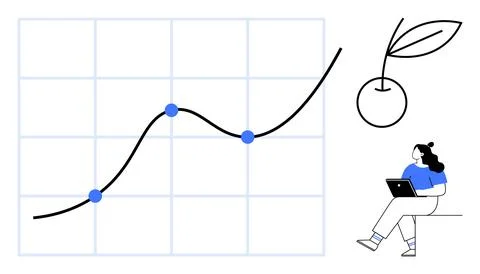Line chart with upward trend, three data points highlighted in blue, person s Stock Illustration
