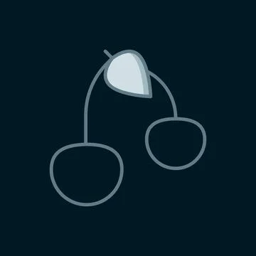 Line Cherry icon isolated on black background. Fruit with leaf symbol. Flat.. Illustrazione stock