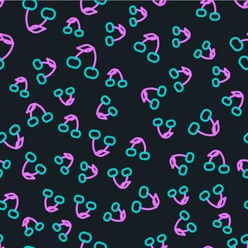 Line Cherry icon isolated seamless pattern on black background. Fruit with leaf Stock Illustration