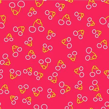 Line Cherry icon isolated seamless pattern on red background. Fruit with leaf Stock Illustration