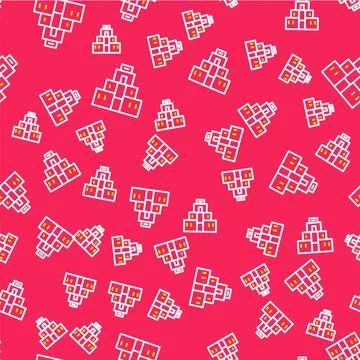 Line Chichen Itza in Mayan icon isolated seamless pattern on red background 스톡 일러스트