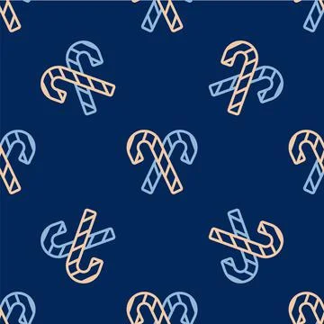 Line Christmas candy cane with stripes icon isolated seamless pattern on blue Stock Illustration