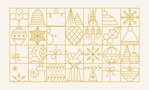 Line Christmas elements grid for banner, card, background. Vector simple outline Illustrazione stock