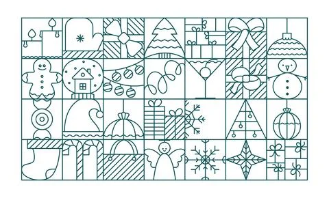 Line Christmas elements grid for banner, card, background. Vector simple outline Stock Illustration