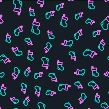 Line Christmas stocking icon isolated seamless pattern on black background Stock Illustration