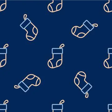 Line Christmas stocking icon isolated seamless pattern on blue background. Merry Stock Illustration