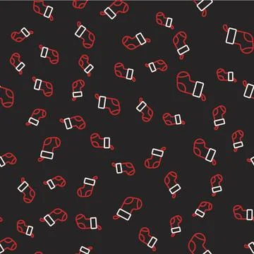 Line Christmas stocking icon isolated seamless pattern on black background. M Stock Illustration