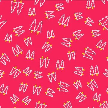 Line Christmas tree icon isolated seamless pattern on red background. Merry.. Stock Illustration