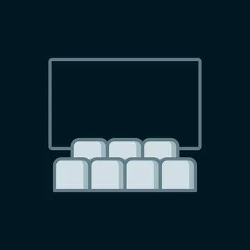 Line Cinema auditorium with screen icon isolated on black background. Flat .. Stock Illustration