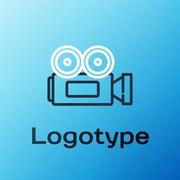 Line Cinema camera icon isolated on blue background. Video camera. Movie sign Stock Illustration