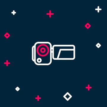 Line Cinema camera icon isolated on blue background. Video camera. Movie sign 스톡 일러스트