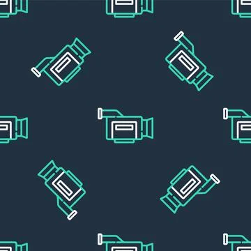 Line Cinema camera icon isolated seamless pattern on black background. Video Illustrazione stock