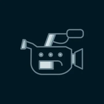 Line Cinema camera icon isolated on black background. Video camera. Movie s.. Illustrazione stock
