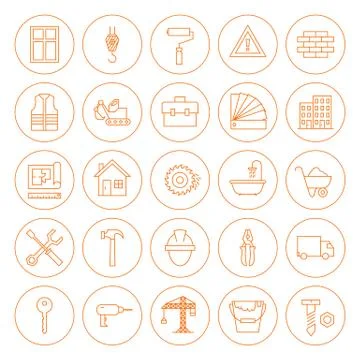 Line Circle Building and Construction Icons Set Stock Illustration