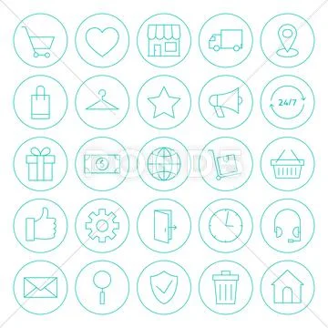 Line Circle Online Shopping E-commerce Website Icons Set Stock Illustration