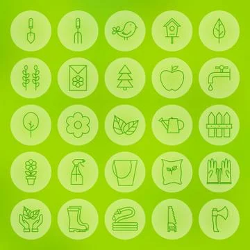 Line Circle Web Gardening and Flowers Icons Set Stock Illustration