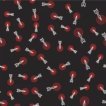 Line Classic dart board and arrow icon isolated seamless pattern on black Stock Illustration