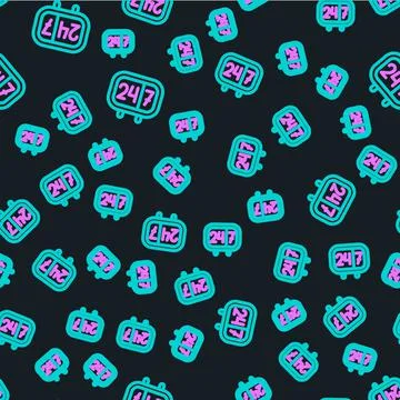 Line Clock 24 hours icon isolated seamless pattern on black background. All day Stock Illustration