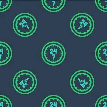 Line Clock 24 hours icon isolated seamless pattern on blue background. All .. Illustrazione stock