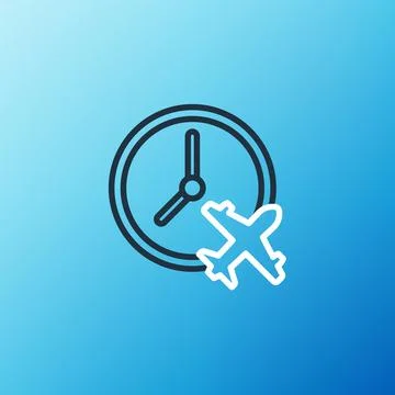 Line Clock with airplane icon isolated on blue background. Designation of time Illustrazione stock