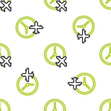 Line Clock with airplane icon isolated seamless pattern on white background.. Stock Illustration