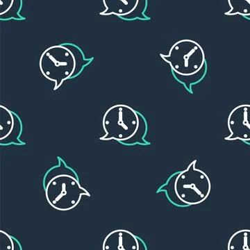 Line Clock with speech bubble icon isolated seamless pattern on black background Illustrazione stock