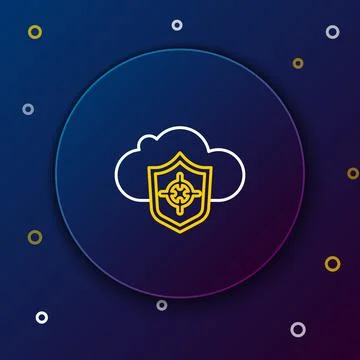 Line Cloud and shield icon isolated on blue background. Cloud storage data Illustrazione stock