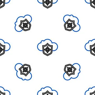 Line Cloud and shield icon isolated seamless pattern on white background. Cloud Stock Illustration