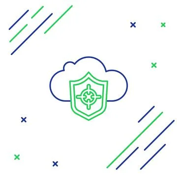 Line Cloud and shield icon isolated on white background. Cloud storage data Illustrazione stock