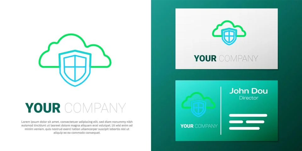 Line Cloud and shield icon isolated on white background. Cloud storage data Illustrazione stock