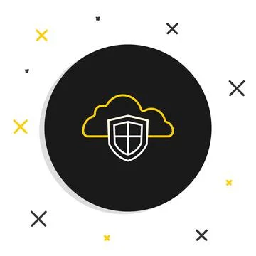 Line Cloud and shield icon isolated on white background. Cloud storage data Illustrazione stock