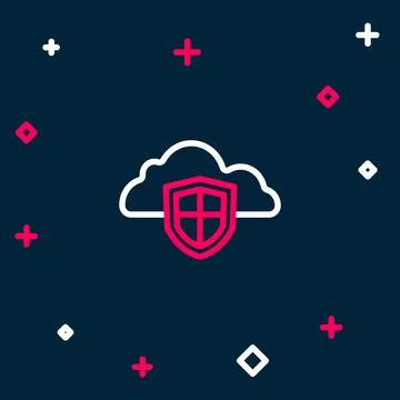 Line Cloud and shield icon isolated on blue background. Cloud storage data Ilustración de archivo