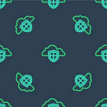 Line Cloud and shield icon isolated seamless pattern on blue background. Cl.. Stock Illustration
