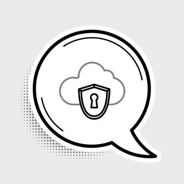 Line Cloud and shield icon isolated on grey background. Cloud storage data .. Stock Illustration