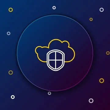 Line Cloud and shield icon isolated on blue background. Cloud storage data pr Stock Illustration