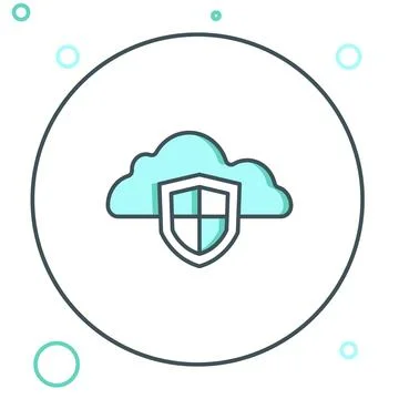 Line Cloud and shield icon isolated on white background. Cloud storage data.. Illustrazione stock