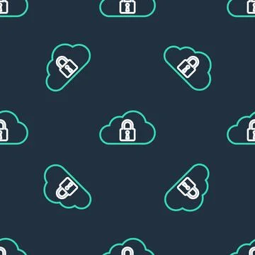 Line Cloud computing lock icon isolated seamless pattern on black background Stock Illustration