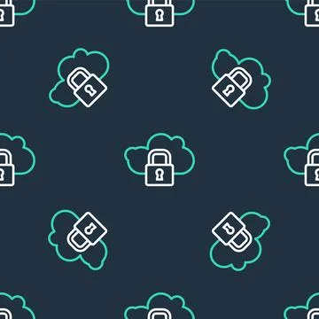 Line Cloud computing lock icon isolated seamless pattern on black background Stock Illustration