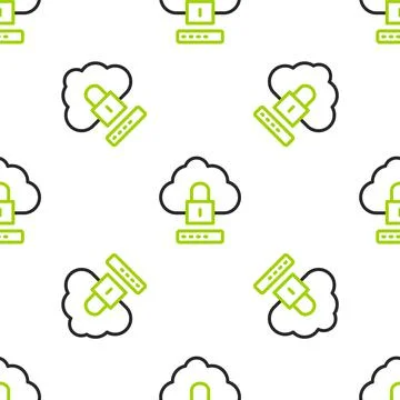 Line Cloud computing lock icon isolated seamless pattern on white background Stock Illustration