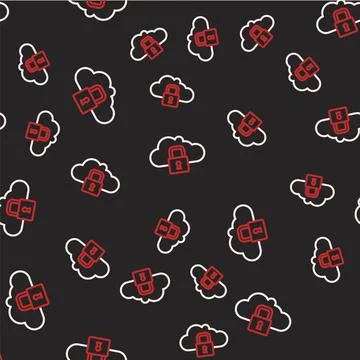 Line Cloud computing lock icon isolated seamless pattern on black background Stock Illustration