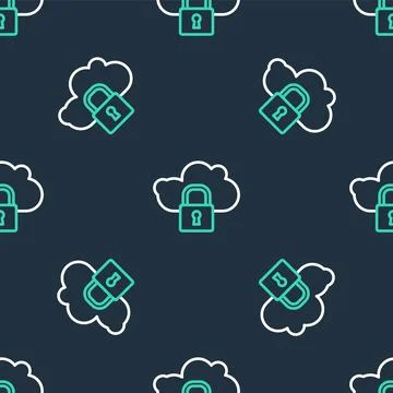 Line Cloud computing lock icon isolated seamless pattern on black backgroun.. Illustrazione stock